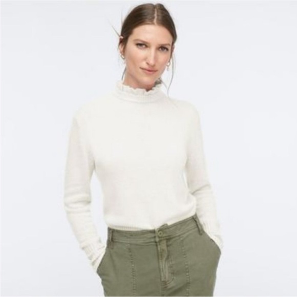 J. Crew White Ivory Ruffle Neck Wool-Blend Sweater medium - Picture 1 of 8